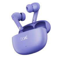 Purple wireless earbuds with charging case on a white background