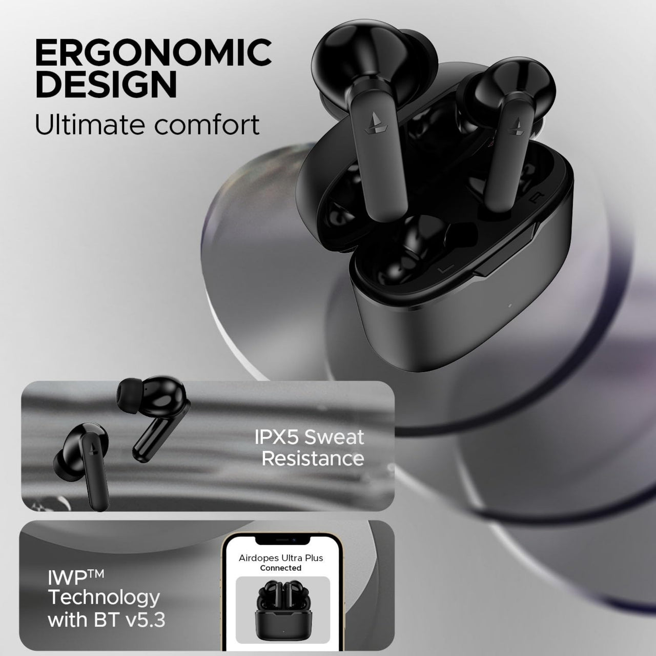boAt Airdopes Ultra Plus TWS Earbuds – 50H Playtime, Quad Mic ENx™, Low Latency & Fast Charge