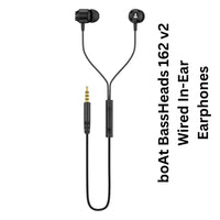 Black wired in-ear earphones with a cable and control buttons, labeled 'boAt BassHeads 162 v2 Wired In-Ear Earphones' on a white background.