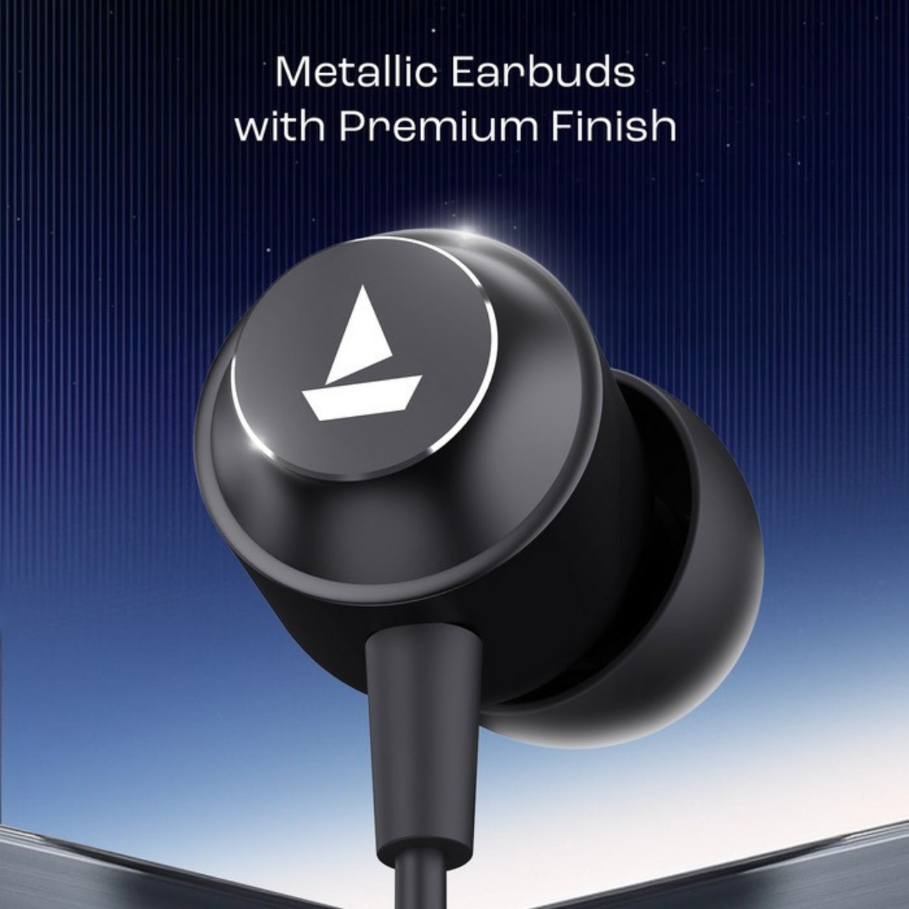 Metallic earbuds with premium finish on a dark blue gradient background