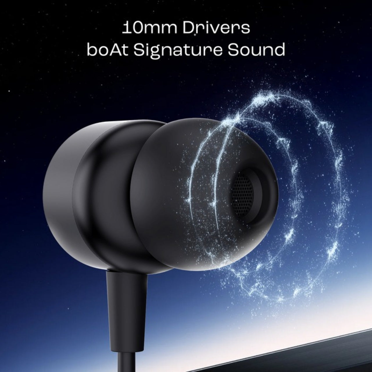 Black earbud with '10mm Drivers boAt Signature Sound' text on a dark background