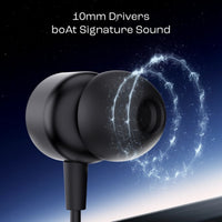 Black earbud with '10mm Drivers boAt Signature Sound' text on a dark background