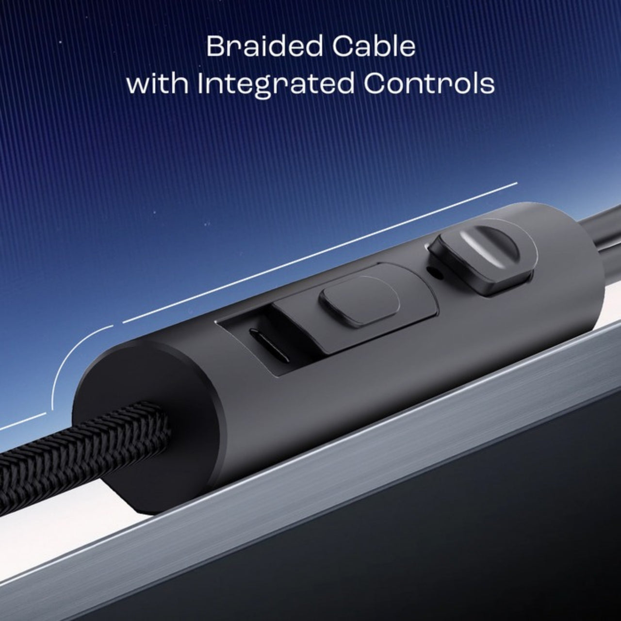 Braided cable with integrated controls on a blue gradient background