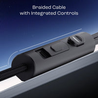 Braided cable with integrated controls on a blue gradient background