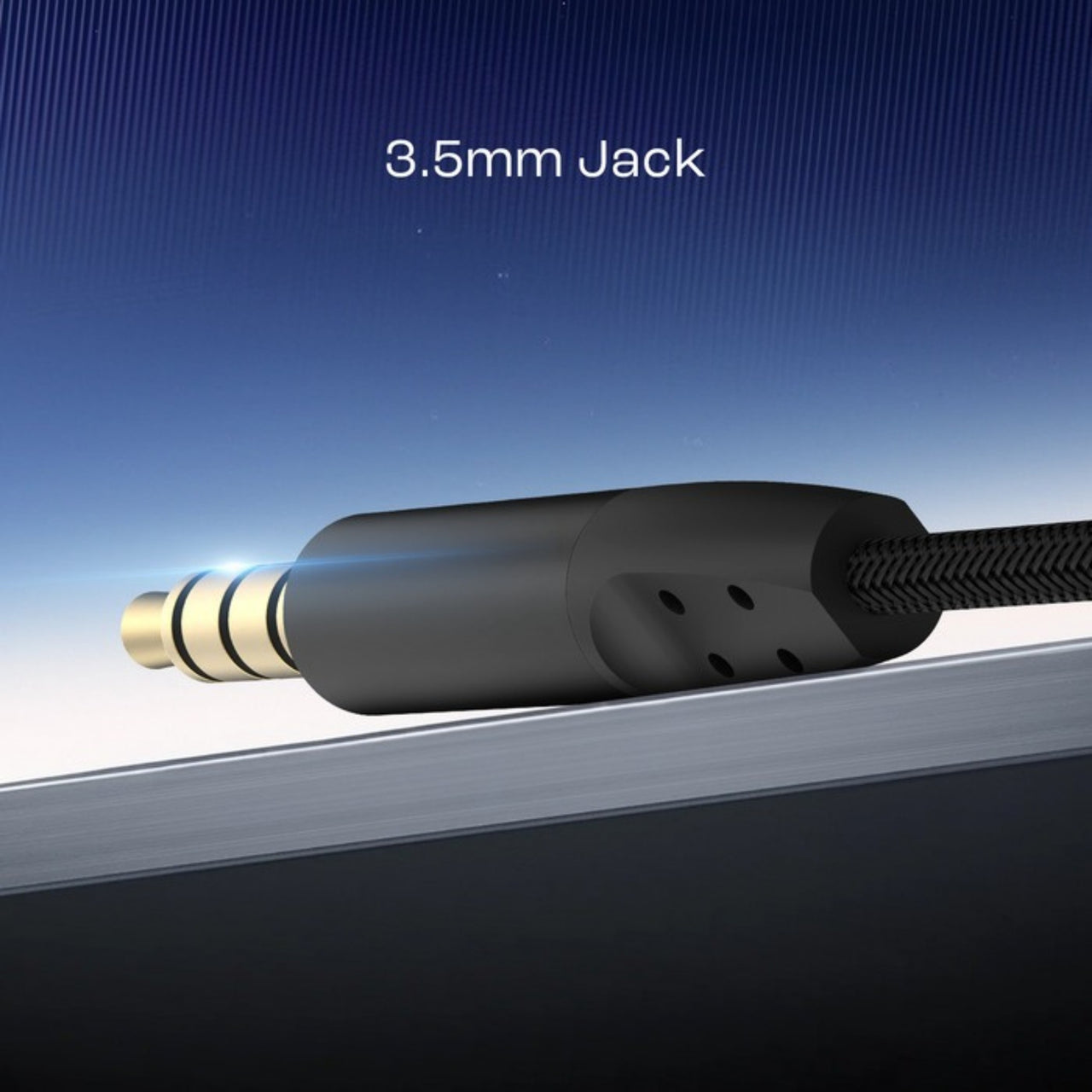 3.5mm audio jack connector on a gradient blue to black background