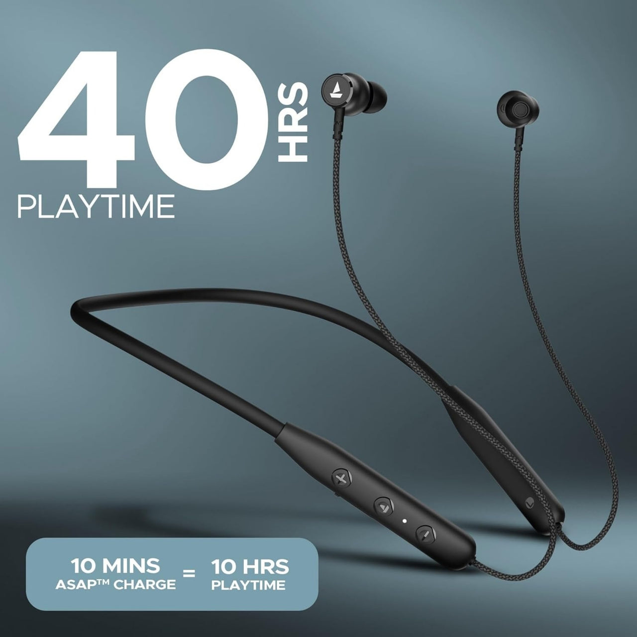 Black wireless earbuds with neckband on a gradient blue background, highlighting 40 hours playtime.