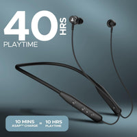 Black wireless earbuds with neckband on a gradient blue background, highlighting 40 hours playtime.
