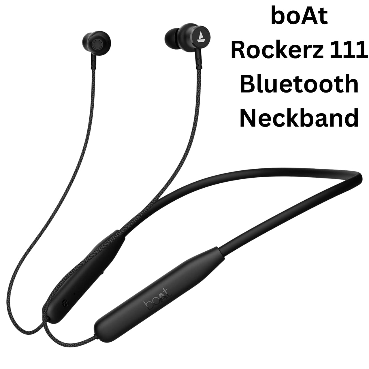 Black Bluetooth neckband with 'boAt' branding on a white background