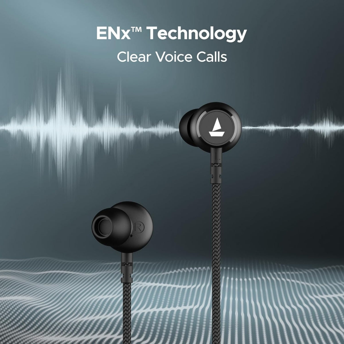 Black earbuds with ENx Technology branding on a dark background with sound wave graphics.