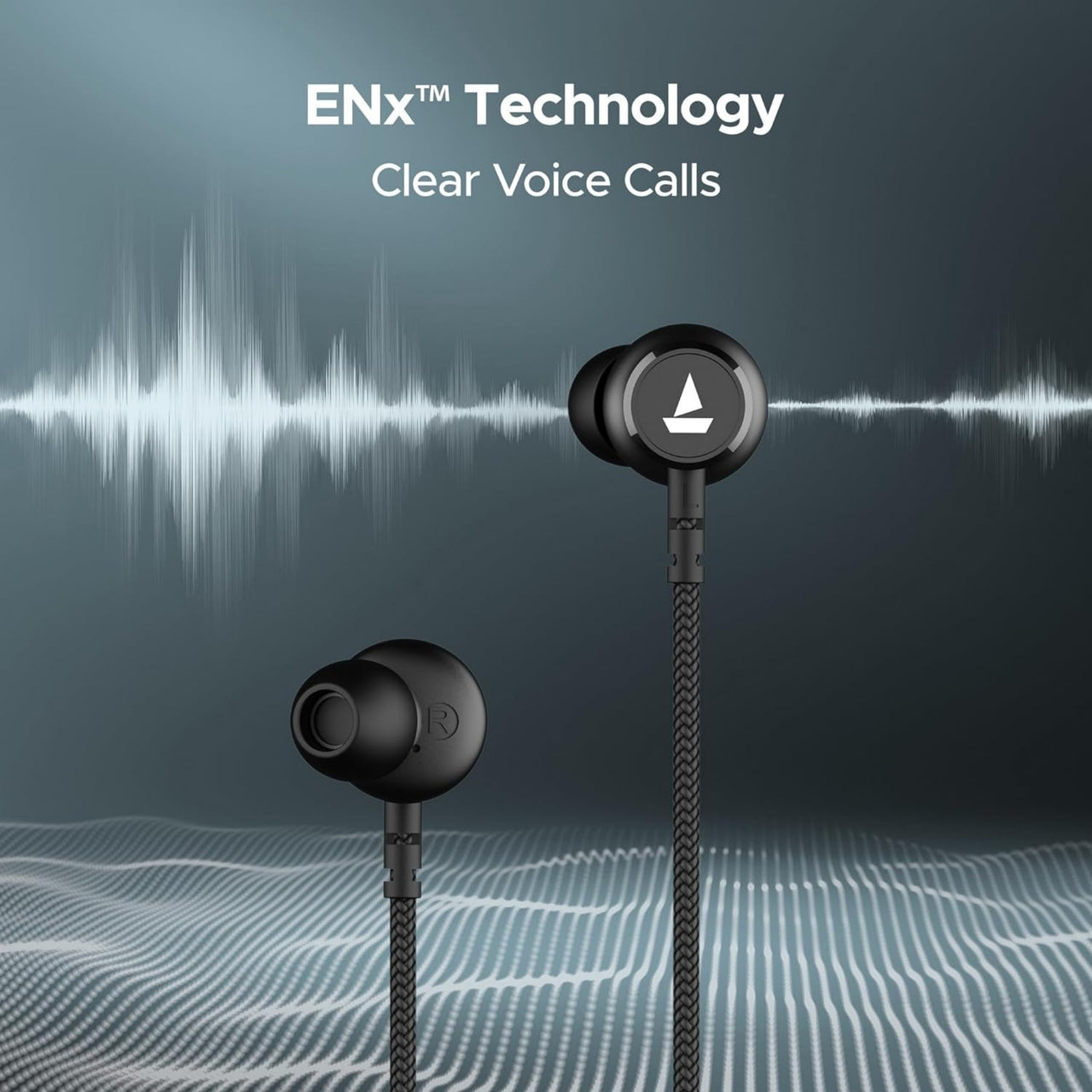 Black earbuds with ENx Technology branding on a dark background with sound wave graphics.