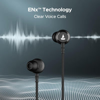 Black earbuds with ENx Technology branding on a dark background with sound wave graphics.