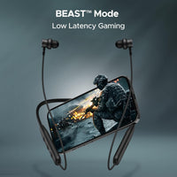 Gaming headset with smartphone displaying a soldier in action on screen, labeled 'BEAST Mode Low Latency Gaming'.
