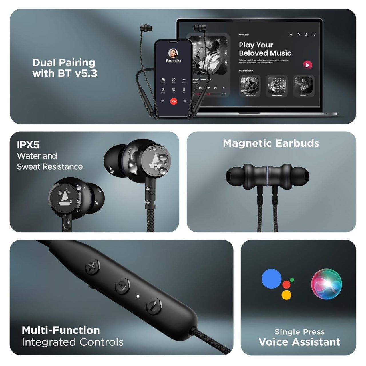 Collage of features of a wireless earbud system including dual pairing, IPX5 rating, magnetic design, multi-function controls, and voice assistant integration.