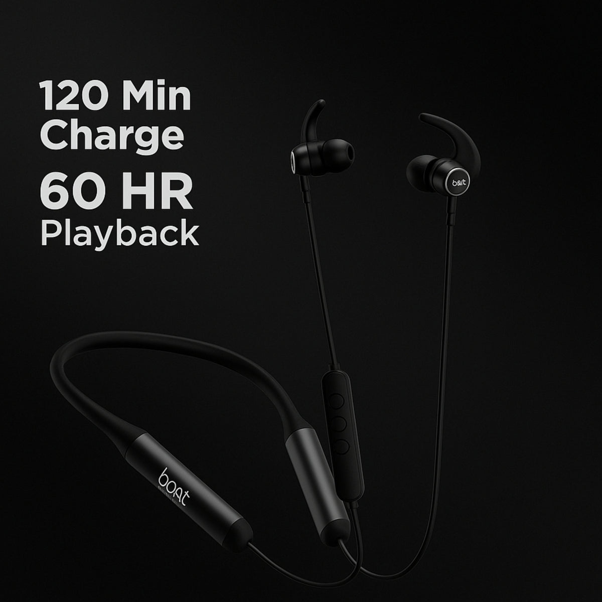 Black wireless earbuds with charging cable on a black background, featuring text about charge and playback time.