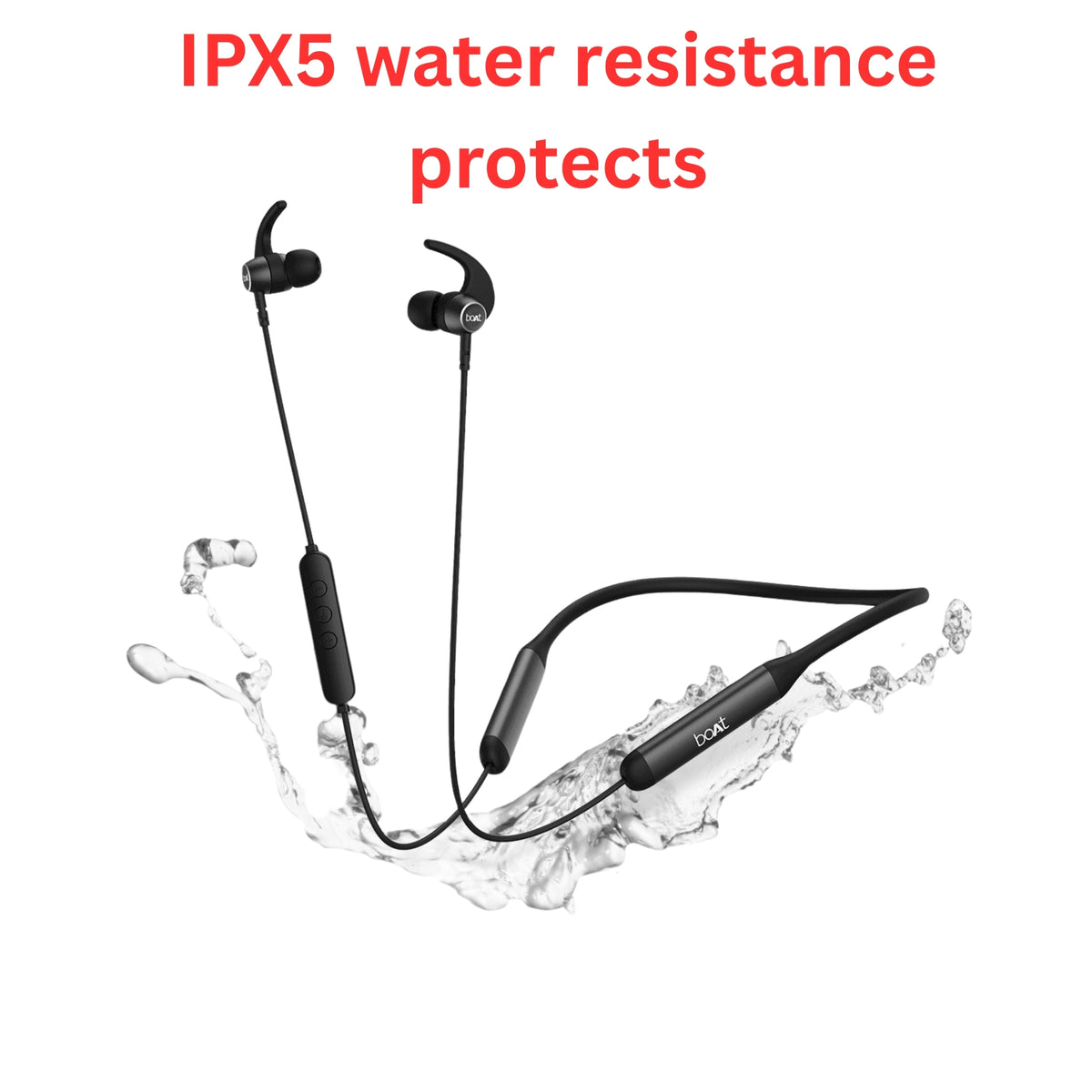 Black wireless earbuds with water splashes and 'IPX5 water resistance protects' text on a white background