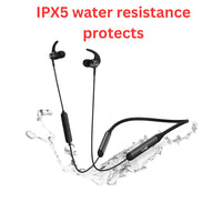 Black wireless earbuds with water splashes and 'IPX5 water resistance protects' text on a white background