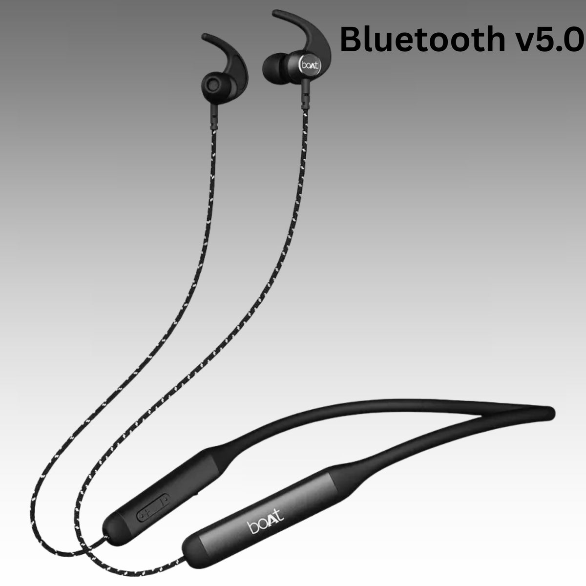 Black wireless earbuds with Bluetooth v5.0 on a gray background