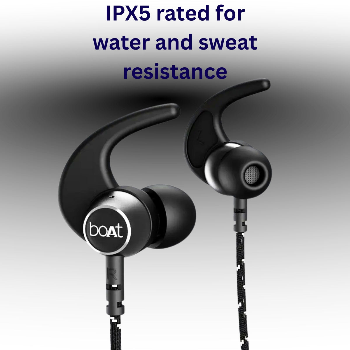 Black earbuds with 'boAt' logo on a gray background, featuring text about water and sweat resistance.