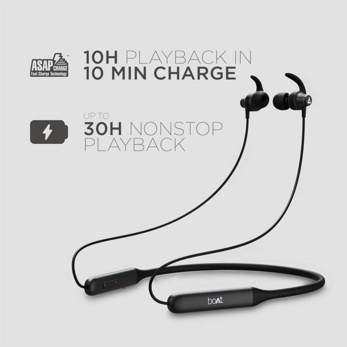 Black wireless earbuds with charging cable on a light gray background, featuring charging and playback time text.