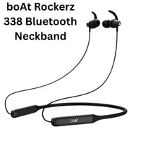 Black Bluetooth neckband with 'boAt' branding on a white background