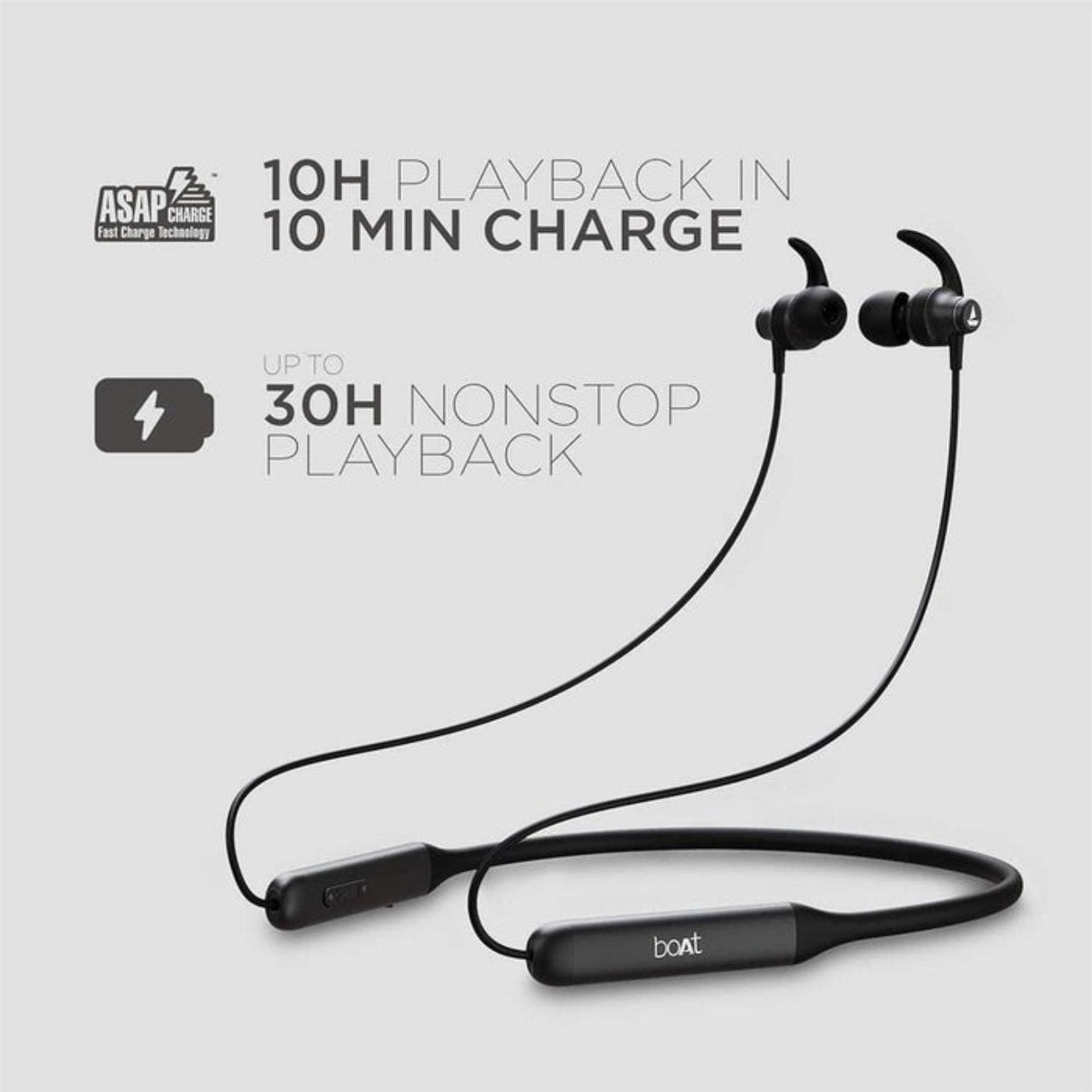 Black wireless earbuds with charging cable on a light gray background, featuring charging and playback time text.
