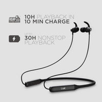 Black wireless earbuds with charging cable on a light gray background, featuring charging and playback time text.