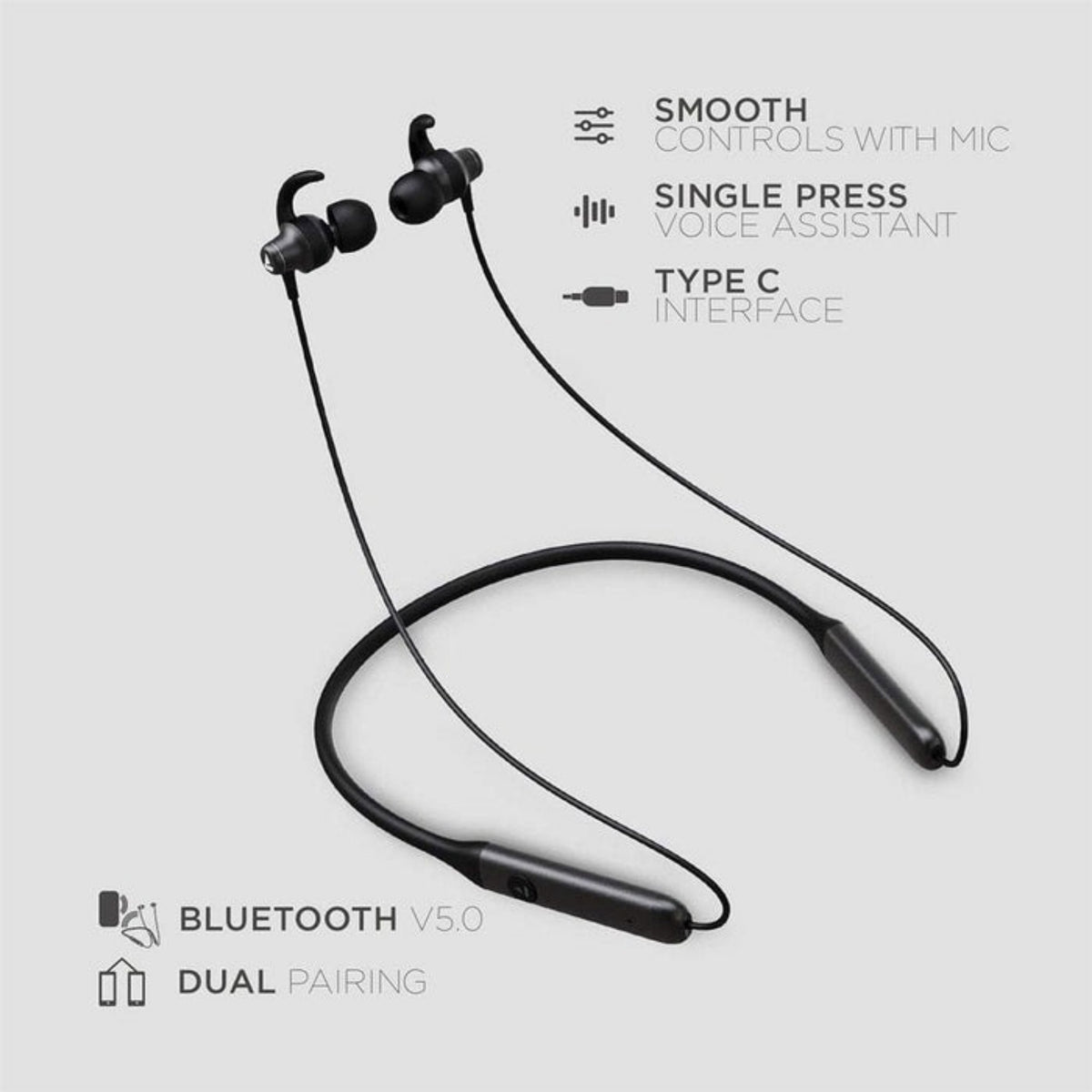 Black wireless earbuds with neckband on a light gray background