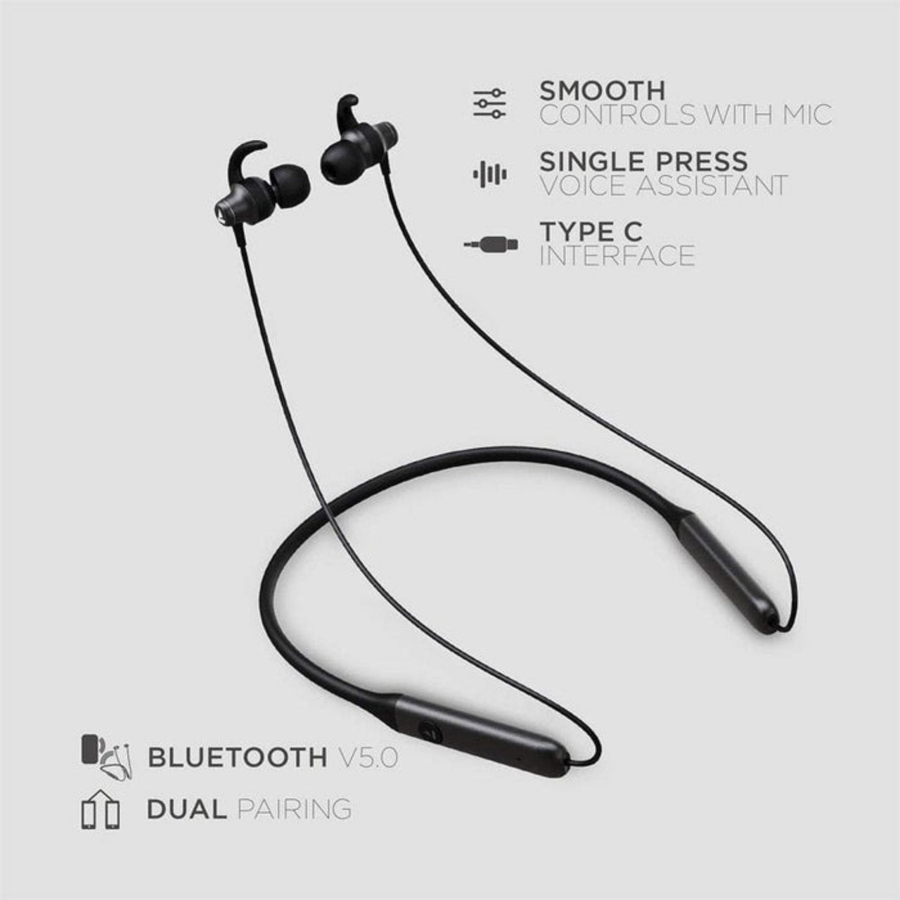 Black wireless earbuds with neckband on a light gray background