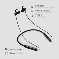 Black wireless earbuds with neckband on a light gray background