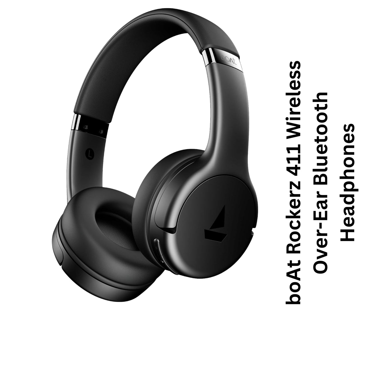 Black over-ear Bluetooth headphones with brand text on a white background