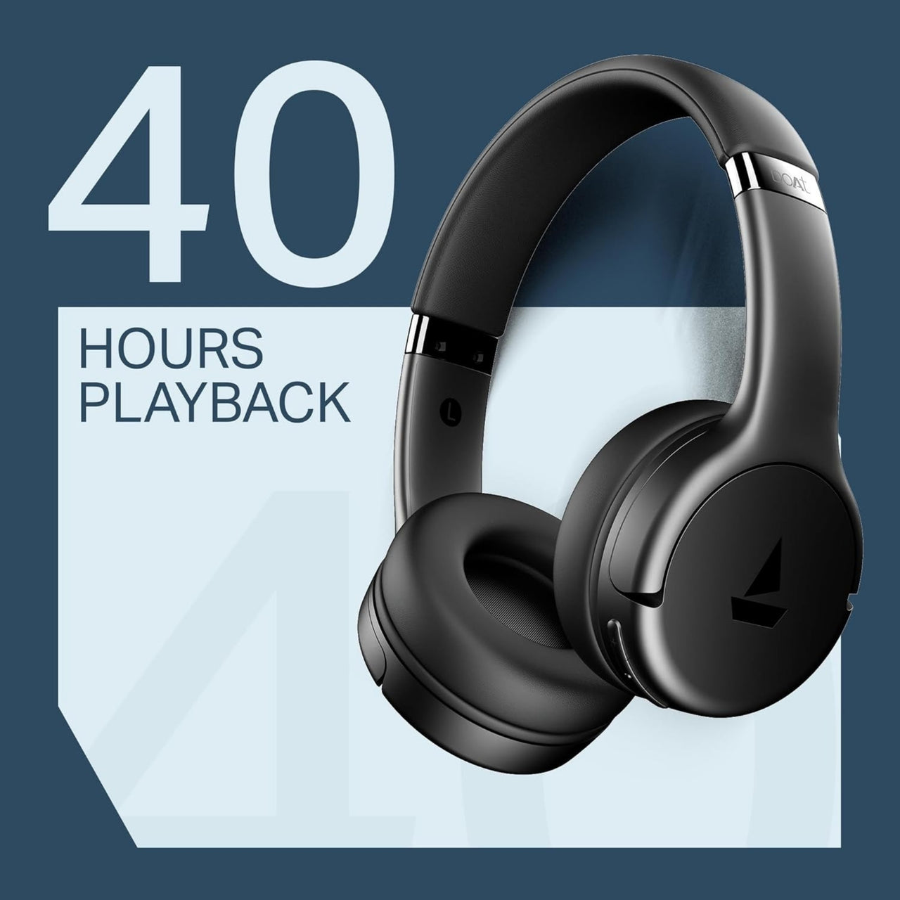 Black headphones with 40 hours playback text on a blue and white background