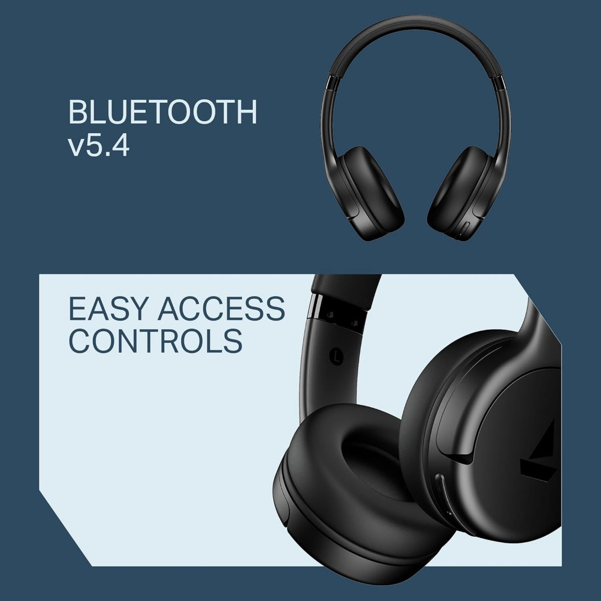 Black wireless headphones with Bluetooth v5.4 and easy access controls on a blue background