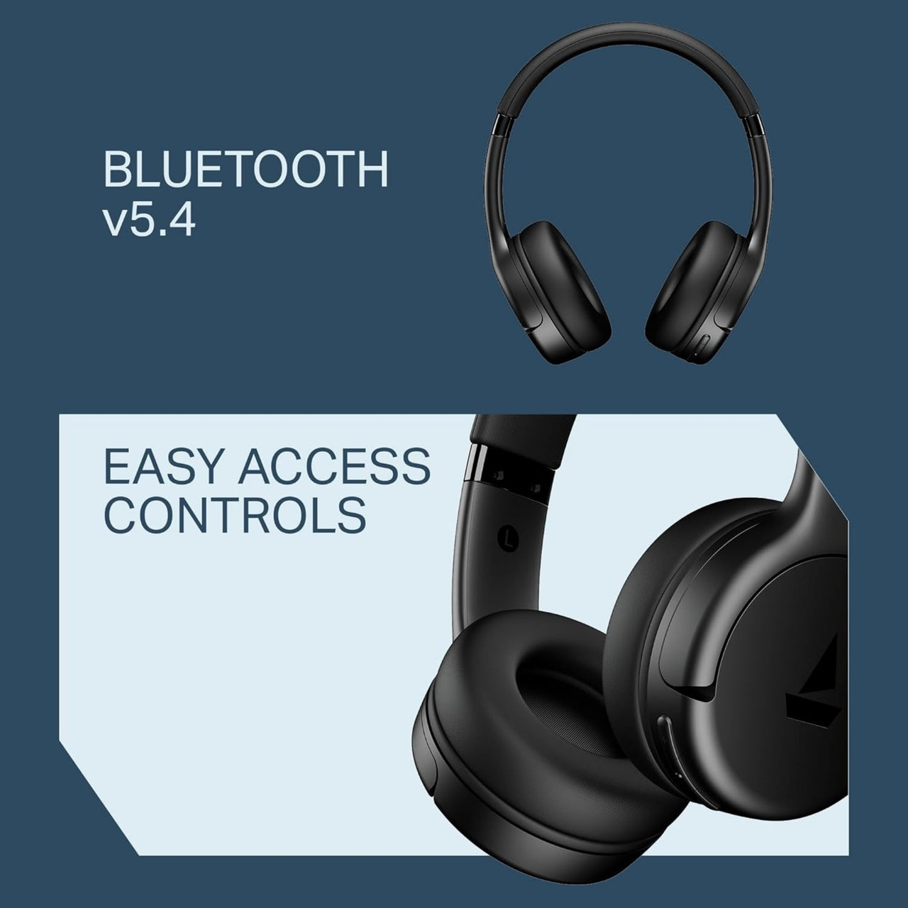 Black wireless headphones with Bluetooth v5.4 and easy access controls on a blue background