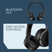 Black wireless headphones with Bluetooth v5.4 and easy access controls on a blue background