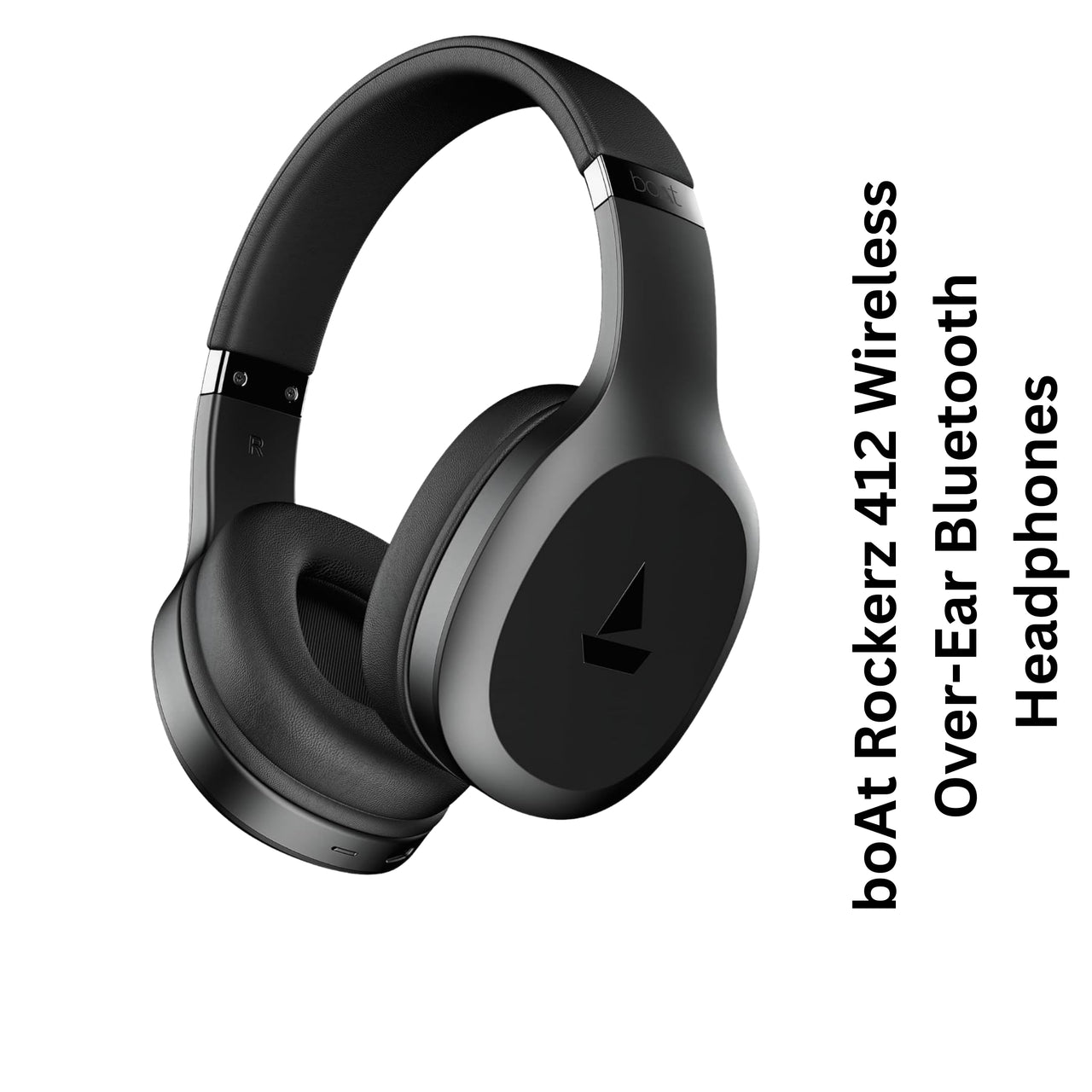 Black over-ear Bluetooth headphones with brand text on a white background