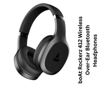 Black over-ear Bluetooth headphones with brand text on a white background