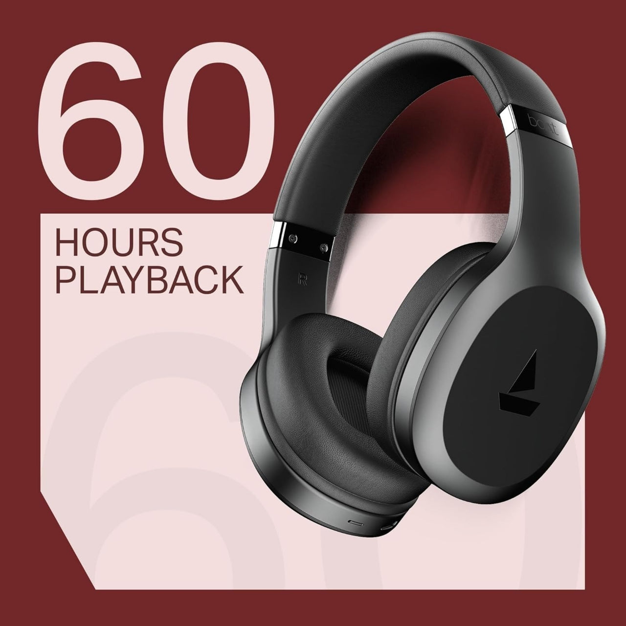 Black headphones with '60 Hours Playback' text on a red and white background