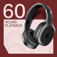Black headphones with '60 Hours Playback' text on a red and white background
