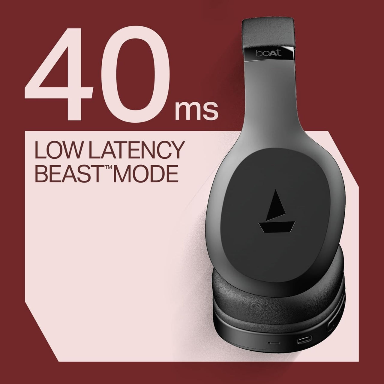BoAt headphones with '40 ms Low Latency Beast Mode' text on a red background