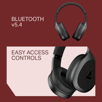 Black Bluetooth headphones with text on a red and pink background
