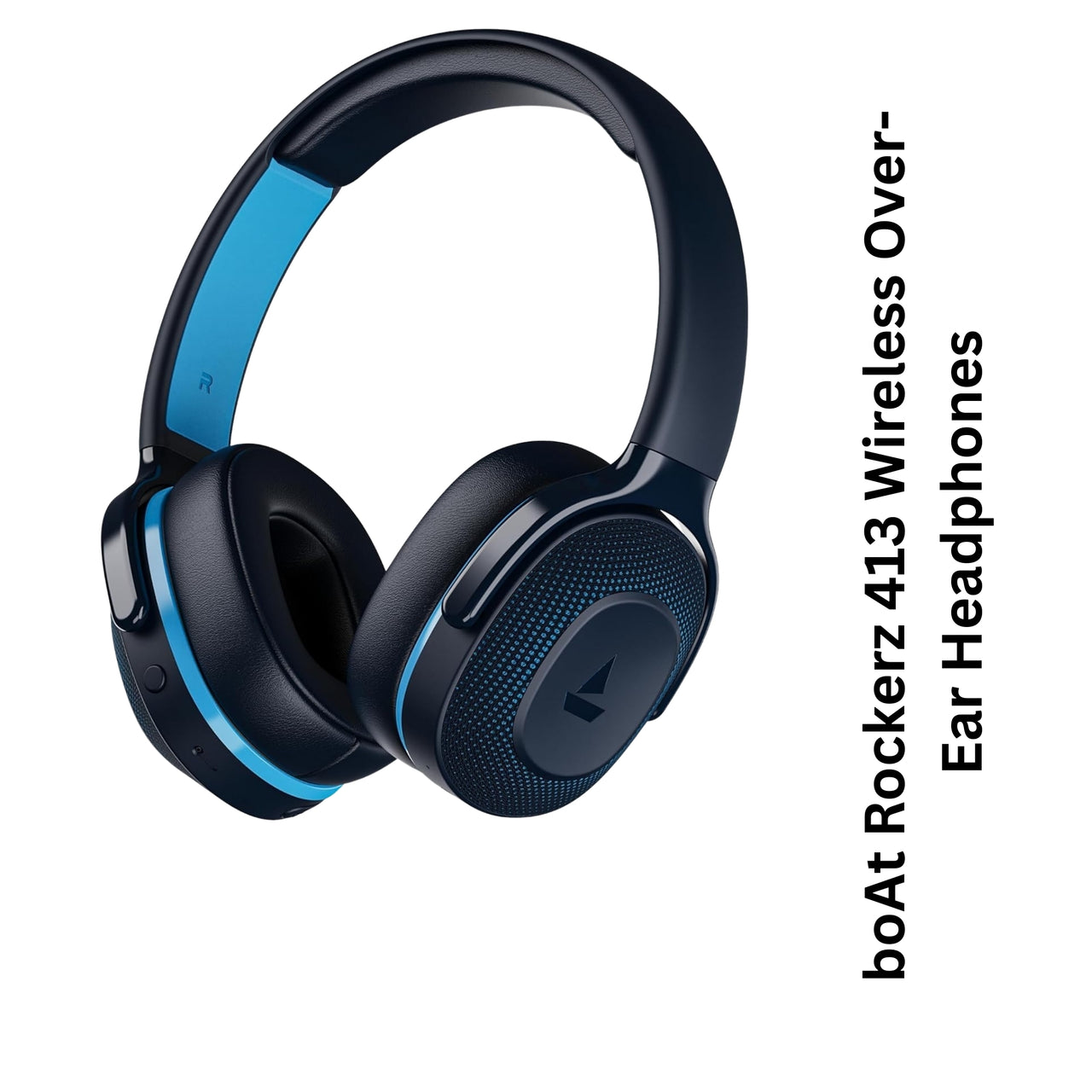 Black and blue over-ear headphones with 'boAt Rockerz 413 Wireless' text on a white background