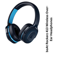 Black and blue over-ear headphones with 'boAt Rockerz 413 Wireless' text on a white background