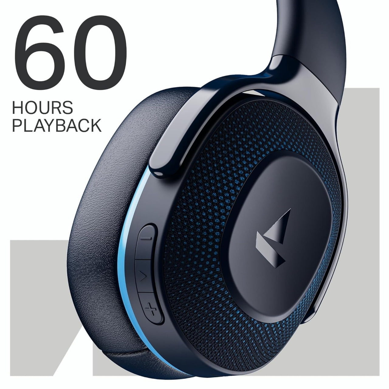 Black headphones with brand logo, 60 hours playback text on a white background