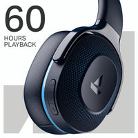 Black headphones with brand logo, 60 hours playback text on a white background