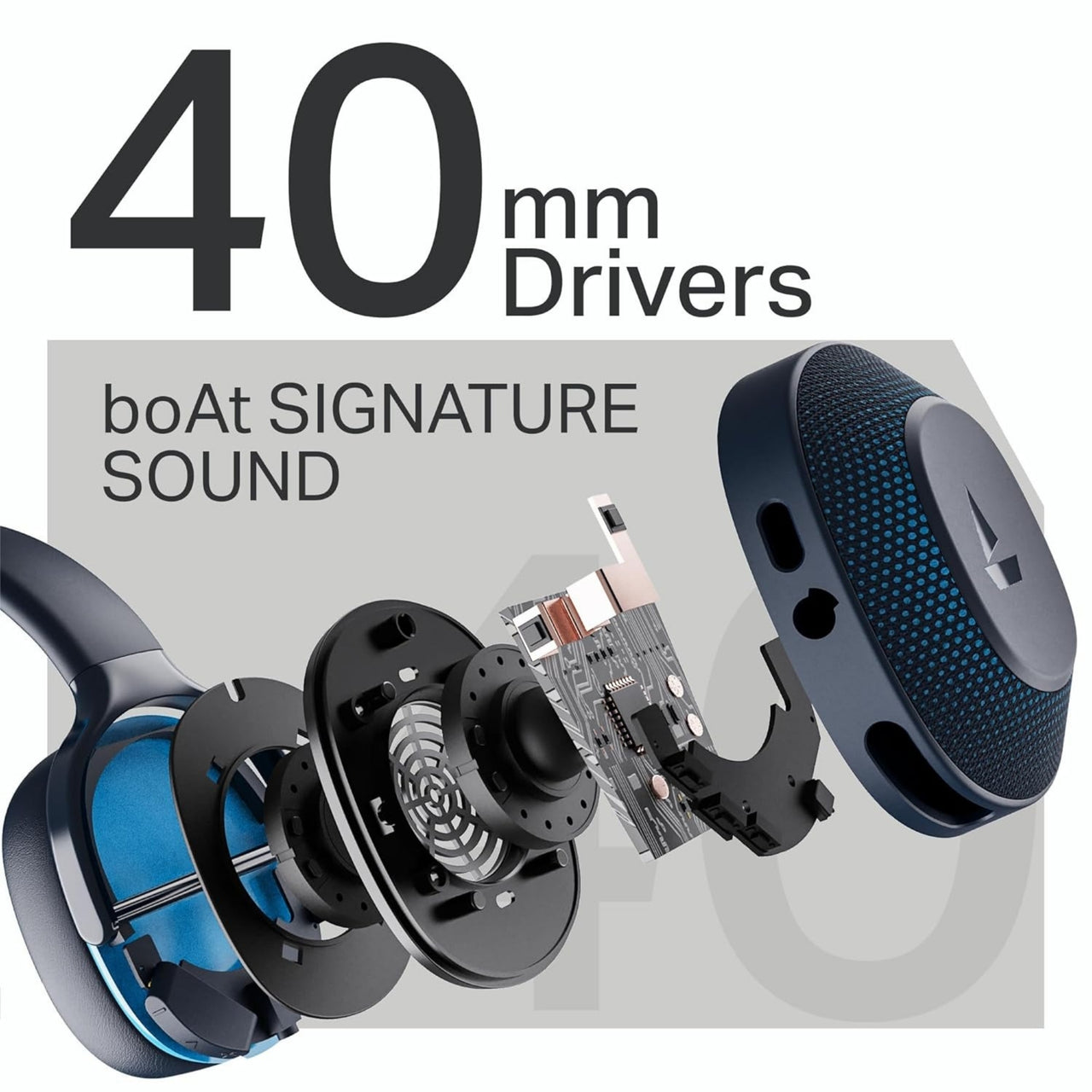 boAt speaker driver with '40 mm Drivers' and 'boAt Signature Sound' text on a white background