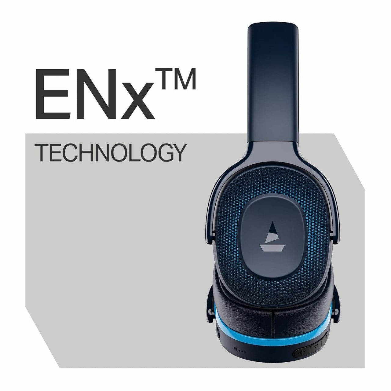 Black headphones with ENX technology branding on a white background