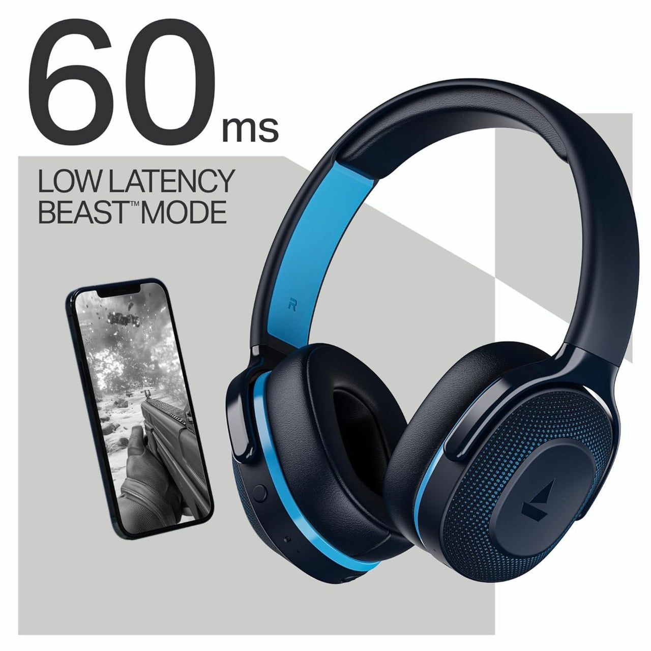 Black and blue headphones with smartphone displaying '60 ms Low Latency Beast Mode' text.