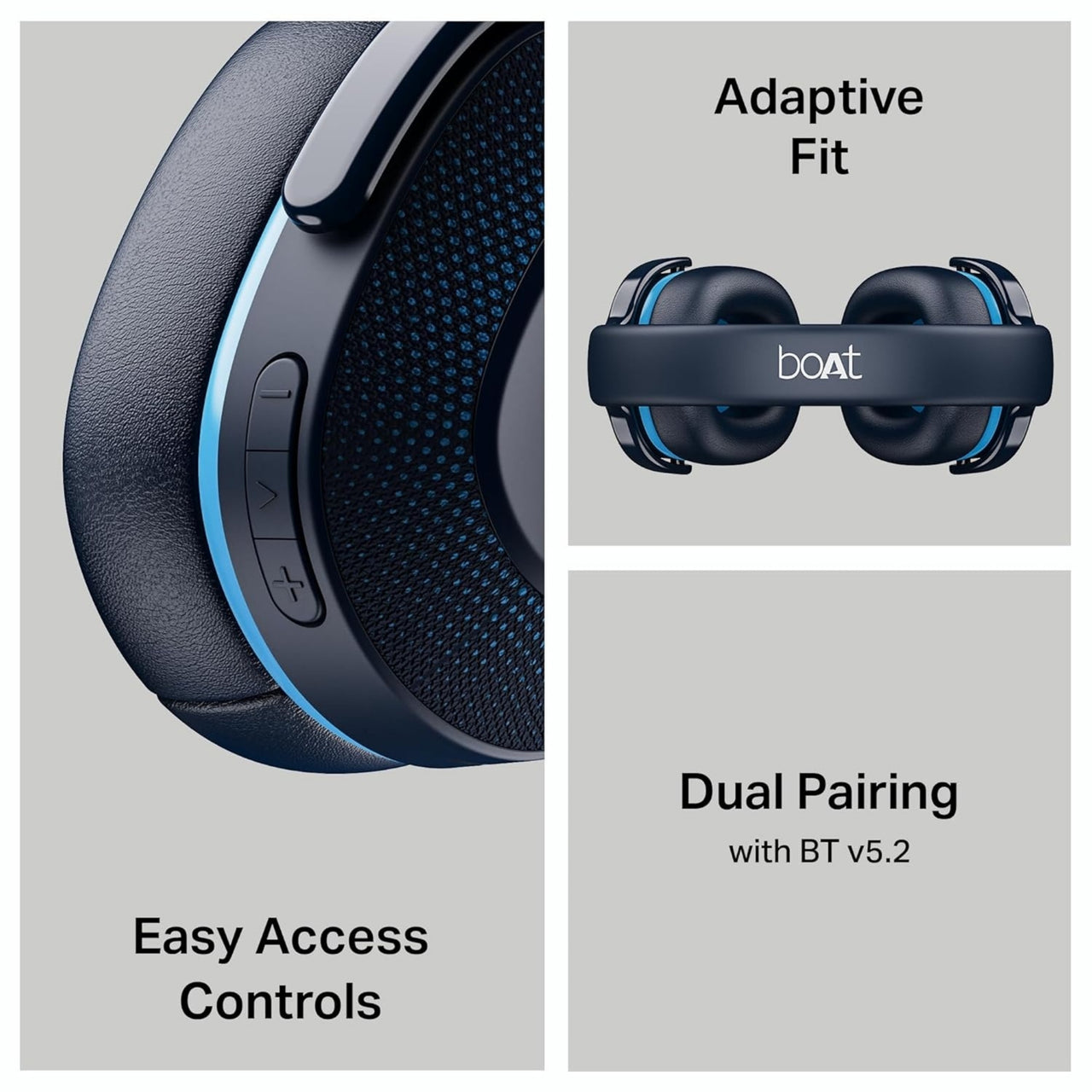 BoAt headphones with features highlighted on a gray background