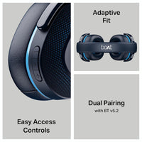 BoAt headphones with features highlighted on a gray background