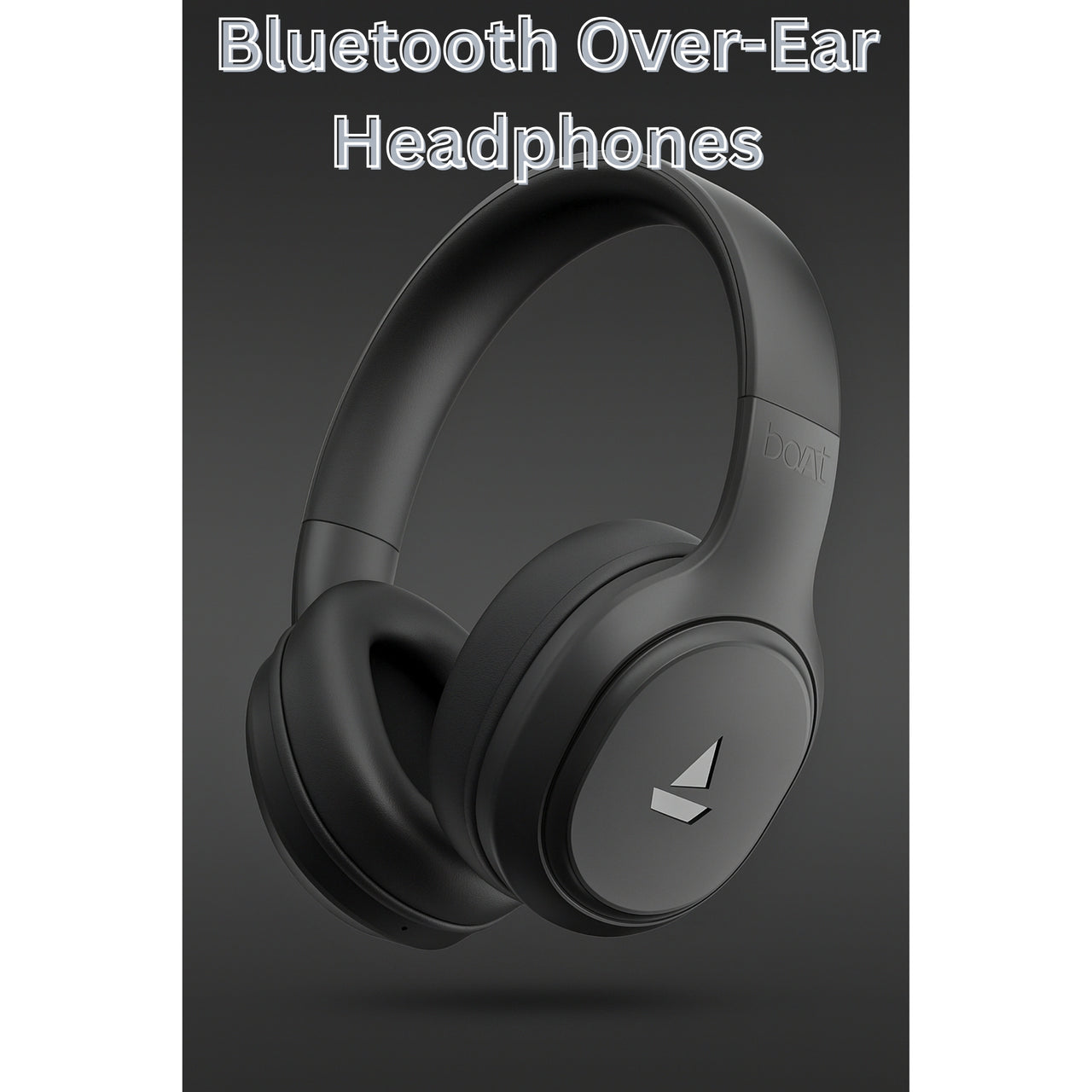 Black Bluetooth over-ear headphones on a dark background with text.